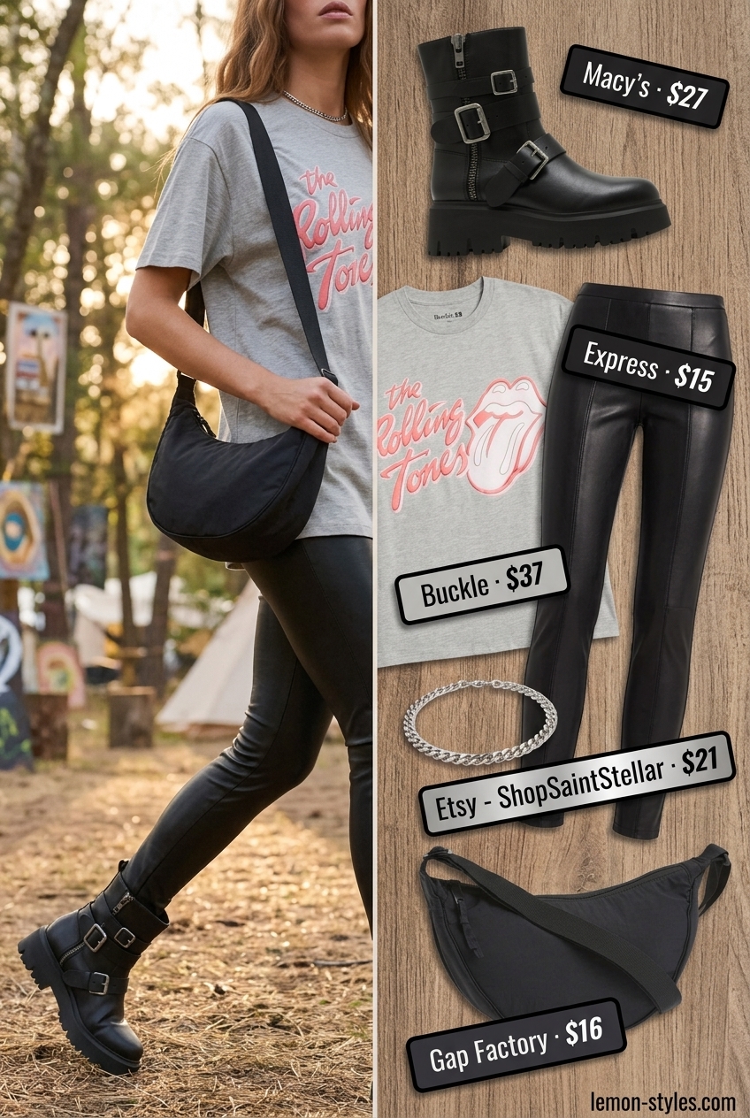 Festival Moto Boots 2026: Edgy Rocker Festival Moto Boots: Faux leather leggings, band tee, and moto boots for summer festival outfits with boots for women 2026.