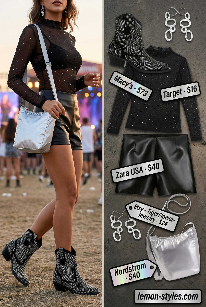 Festival Statement Boots 2026: Glamorous Night Festival Statement Boots: Faux leather shorts, sheer top, and rhinestone boots for summer festival outfits with boots for women 2026.