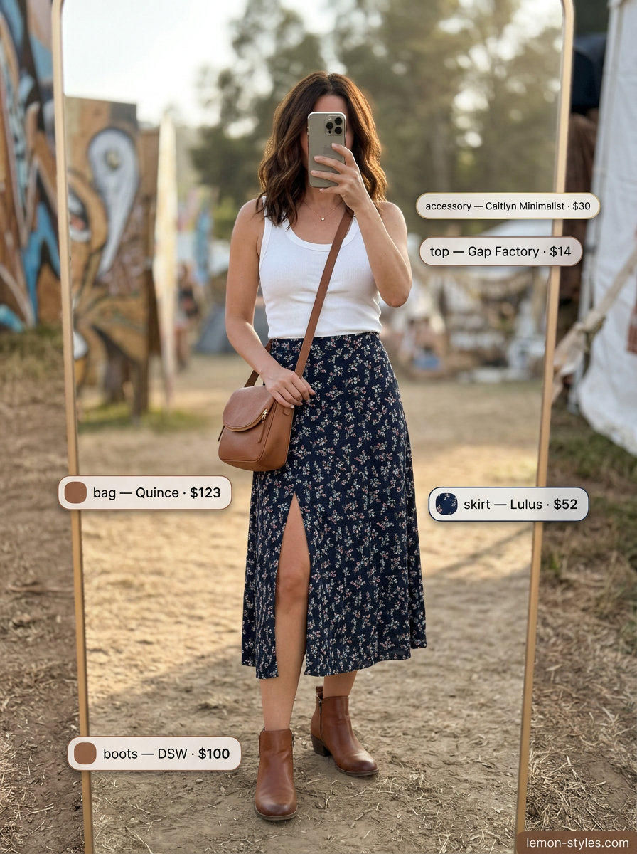 Country Fair Outfits with Boots 2026 Chic summer festival outfits with boots for women 2026: Floral midi skirt, knit tank, ankle boots, crossbody bag, pendant necklace.