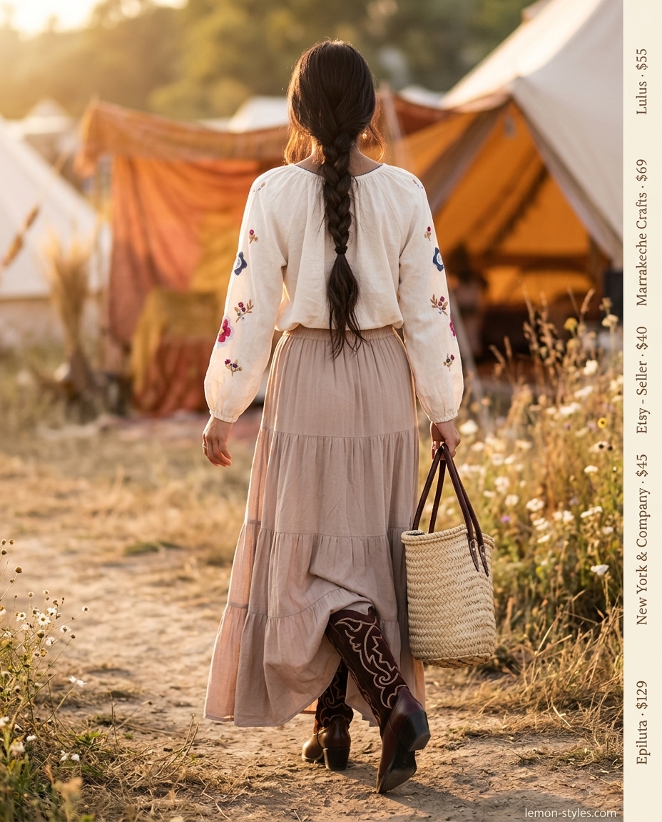 Boho Folk Festival Outfits with Boots 2026 Burgundy knee-high boots, embroidered blouse, and tiered maxi skirt for summer festival outfits with boots for women 2026.