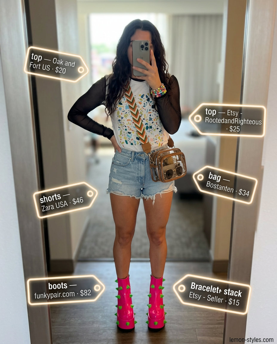 Funky Festival Outfits with Boots 2026 Neon pink platform boots, distressed denim shorts, and graphic tee for summer festival outfits with boots for women 2026.