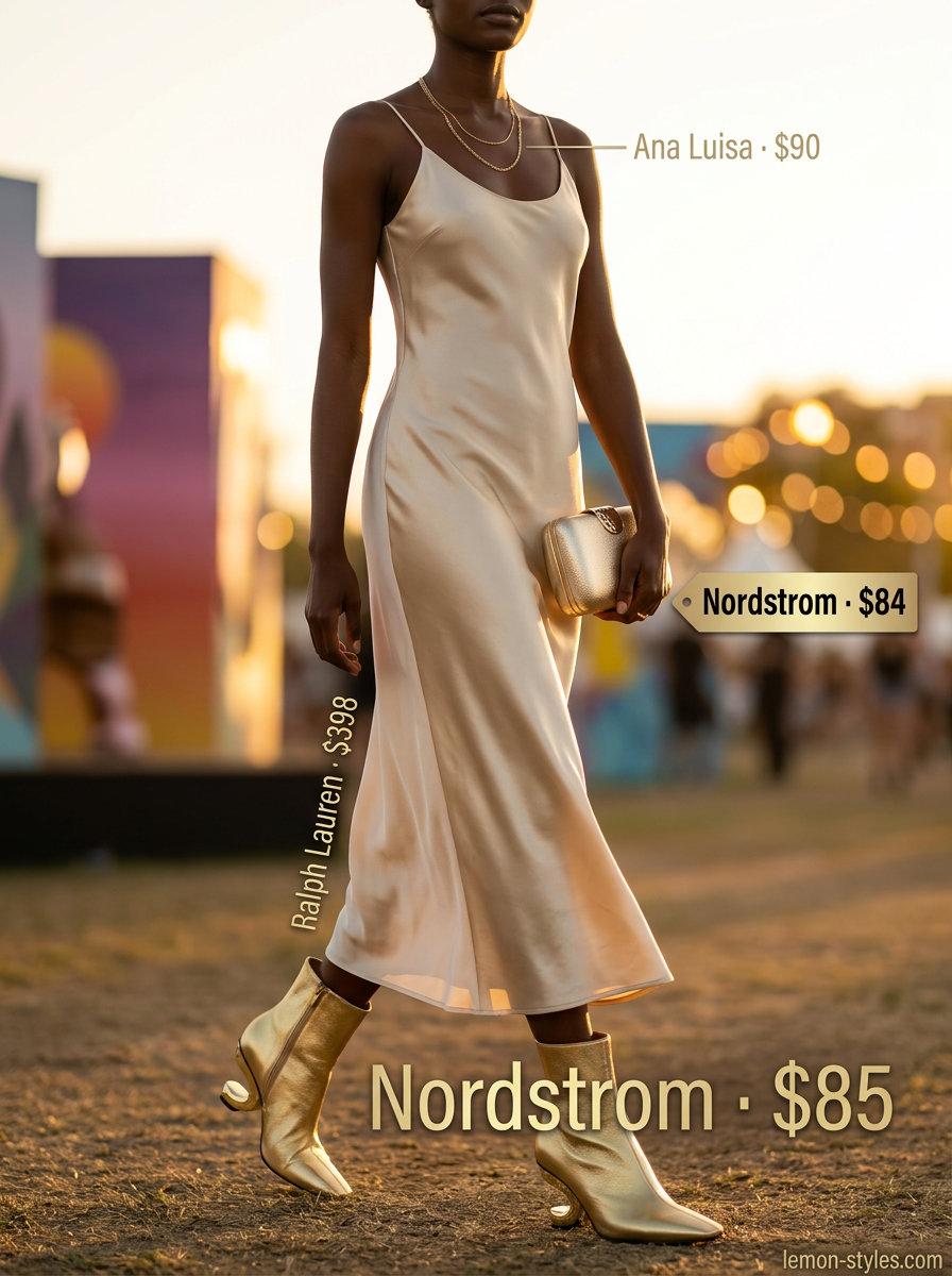 Glamorous Festival Outfits with Boots 2026 Glamorous gold and champagne midi slip dress with metallic boots for summer festival outfits with boots for women 2026.