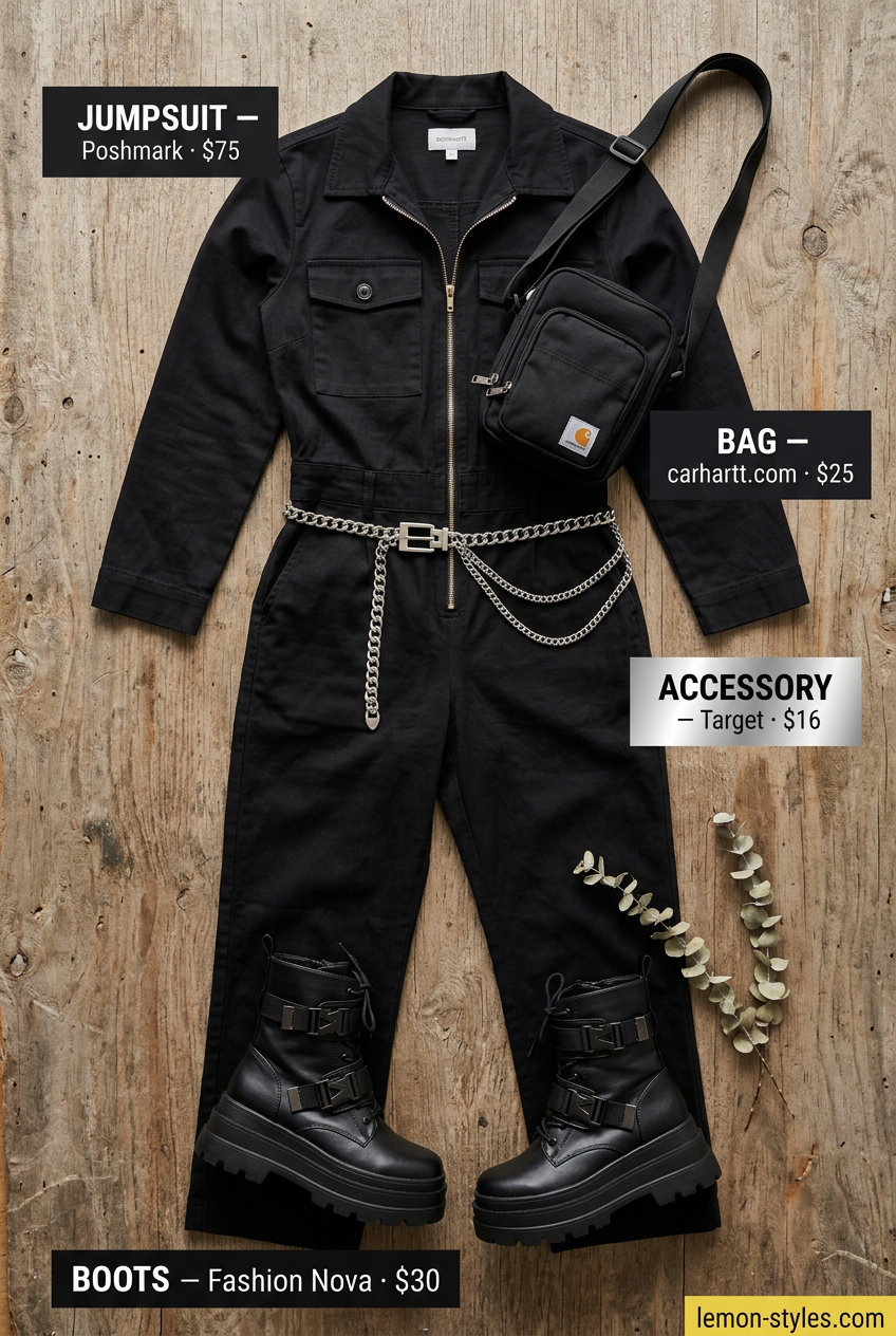 Cool Festival Outfits with Boots 2026 Cool black utility jumpsuit with combat boots and silver chain belt for summer festival outfits with boots for women 2026.