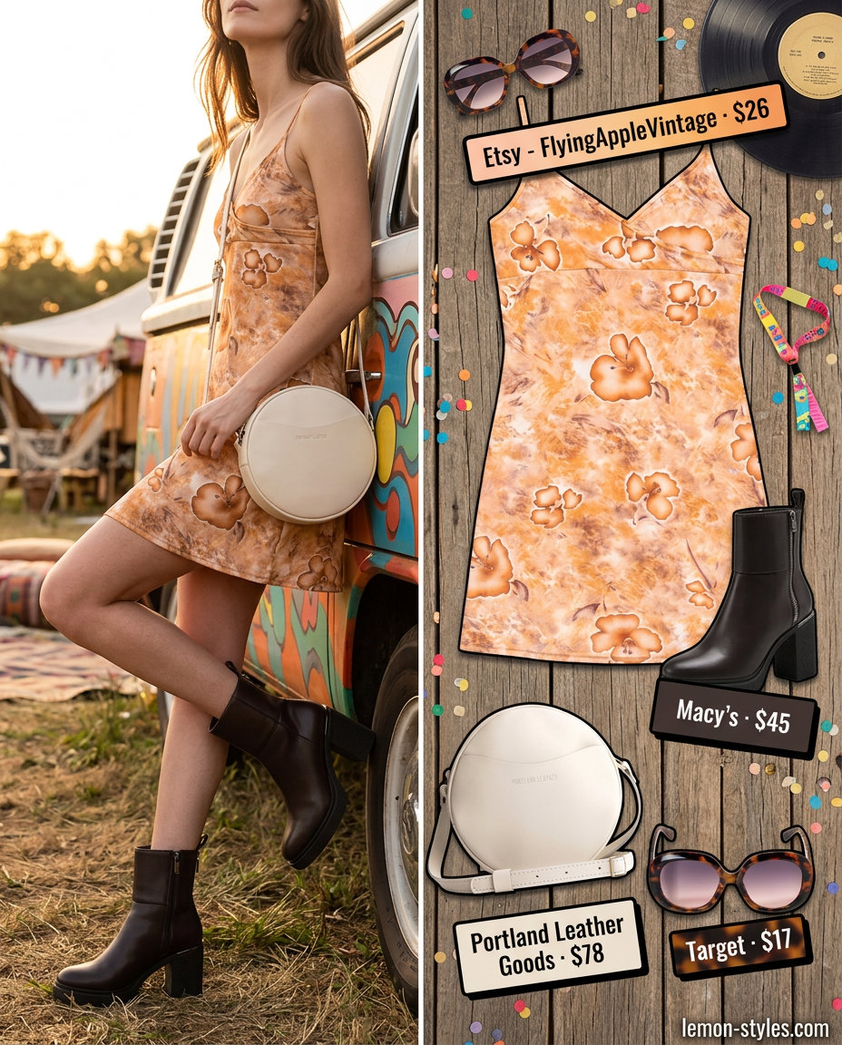Psychedelic Festival Outfits with Boots 2026 Retro festival outfits with boots for women 2026: Psychedelic mini dress, platform boots, round sunglasses, crossbody bag.
