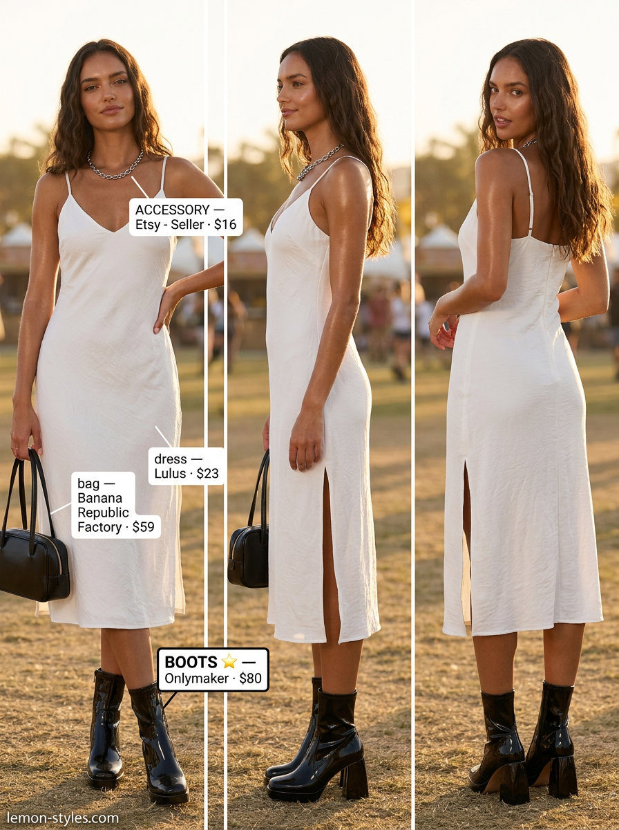 Retro Festival Outfits with Boots 2026 Retro summer festival outfits with boots for women 2026: Black platform boots, white slip dress, crossbody bag, silver necklace.