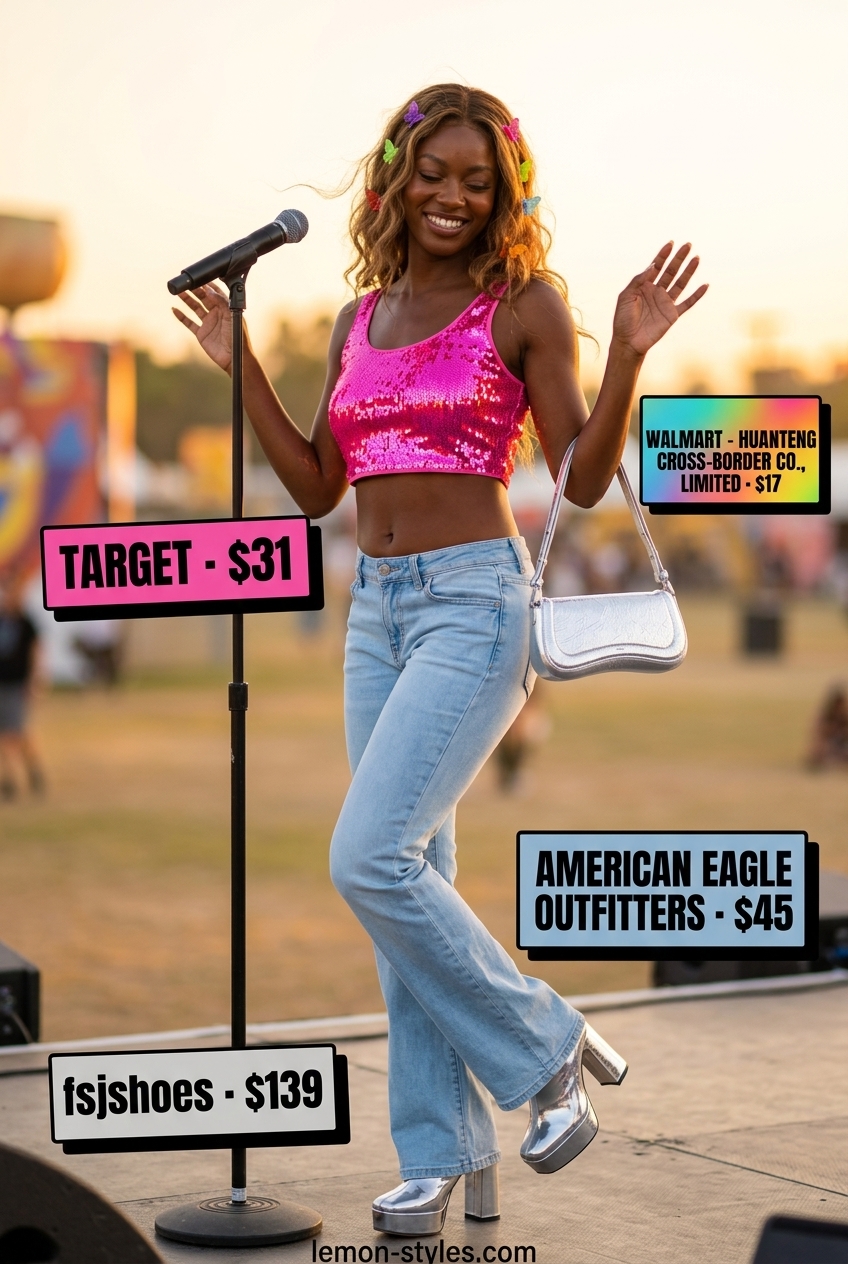 Retro Festival Outfits with Boots 2026 Y2K inspired pink metallic crop top, flare jeans, and platform boots for summer festival outfits with boots for women 2026.