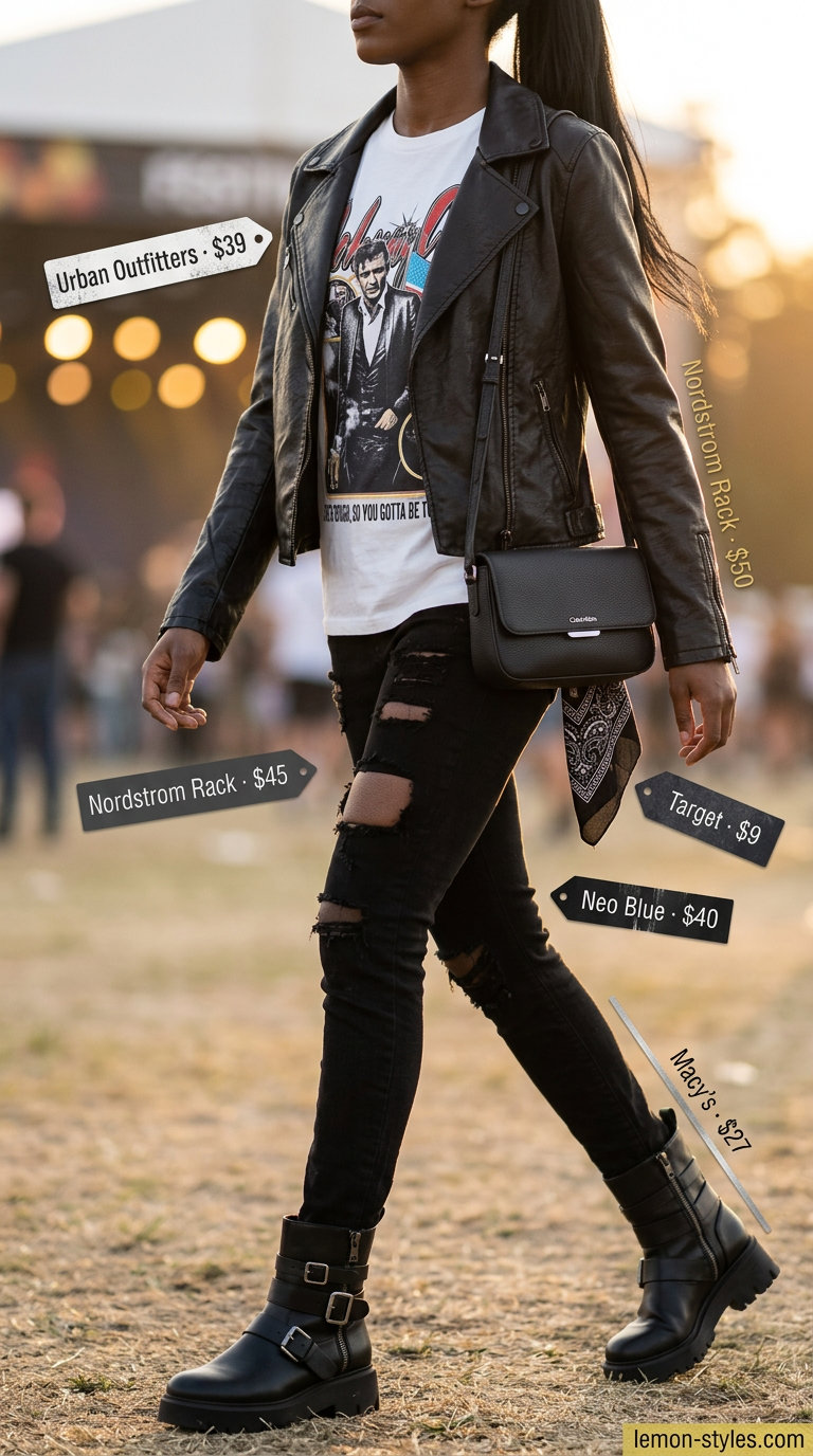 Rocker Festival Outfits with Boots 2026 Rocker chic summer festival outfits with boots for women 2026: Ripped jeans, band tee, moto jacket, biker boots, bandana.