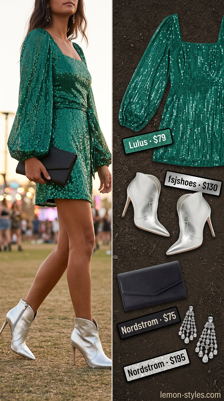 Evening Festival Outfits with Boots 2026 Glamorous festival outfits with boots for women 2026: Sequin dress, metallic boots, statement earrings, box clutch.