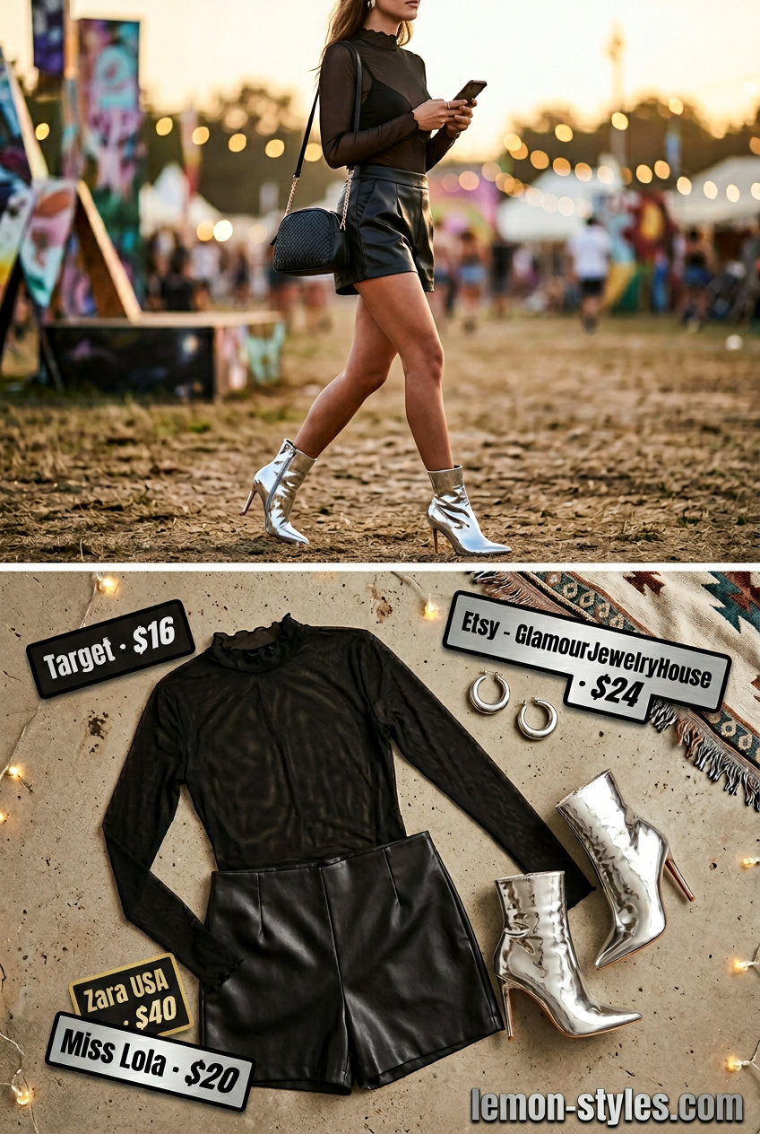 Glam Festival Outfits with Boots 2026 Glamorous summer festival outfits with boots for women 2026: Silver boots, sheer top, faux leather shorts, hoop earrings.