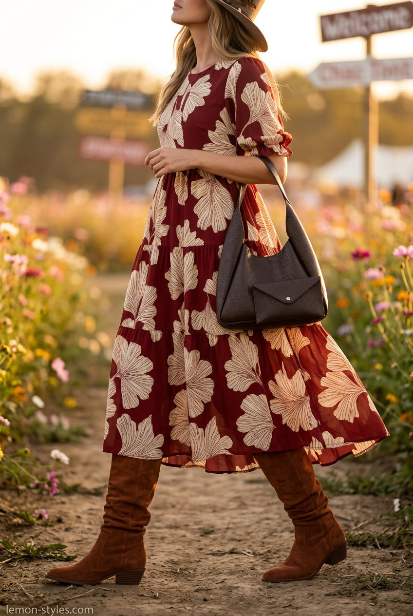 Sunset Boho Maxi 2026: Festival Dream Sunset Boho Maxi: Burgundy floral maxi dress, suede boots, and felt hat for summer festival outfits with boots for women 2026.