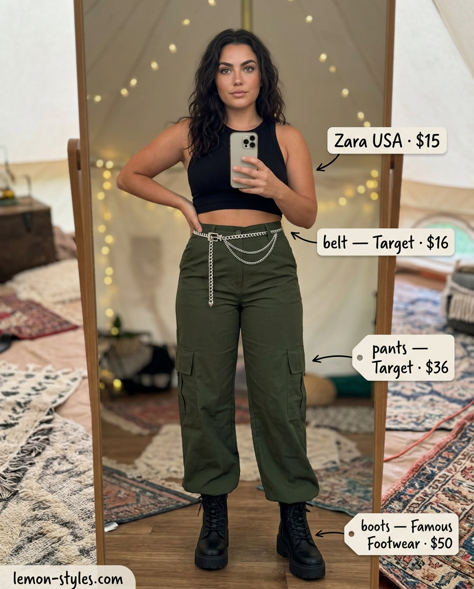Urban Explorer Festival Outfits 2026 Olive green cargo pants, fitted crop top, and lug sole boots for summer festival outfits with boots for women 2026.