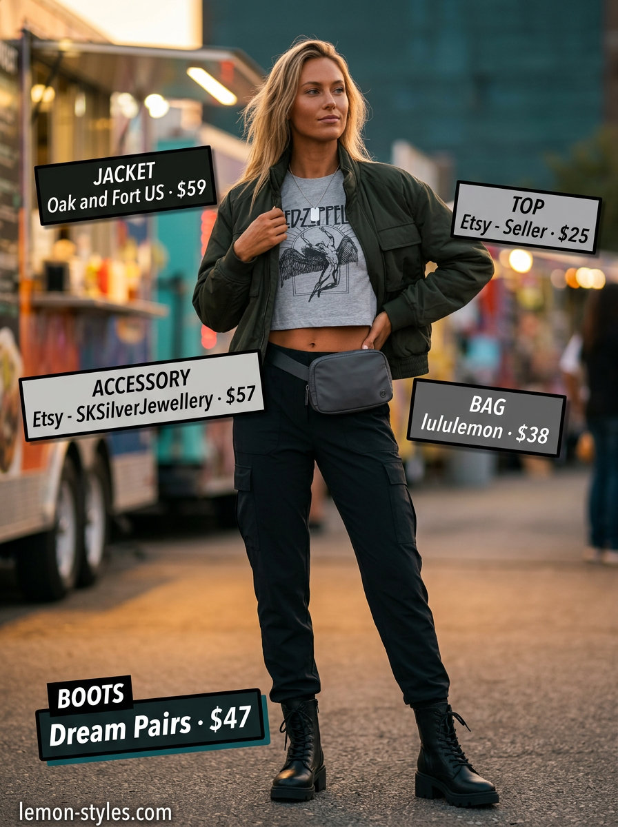 Edgy Festival Outfits with Boots 2026 Edgy olive green cargo pants, graphic tee, and combat boots for summer festival outfits with boots for women 2026.