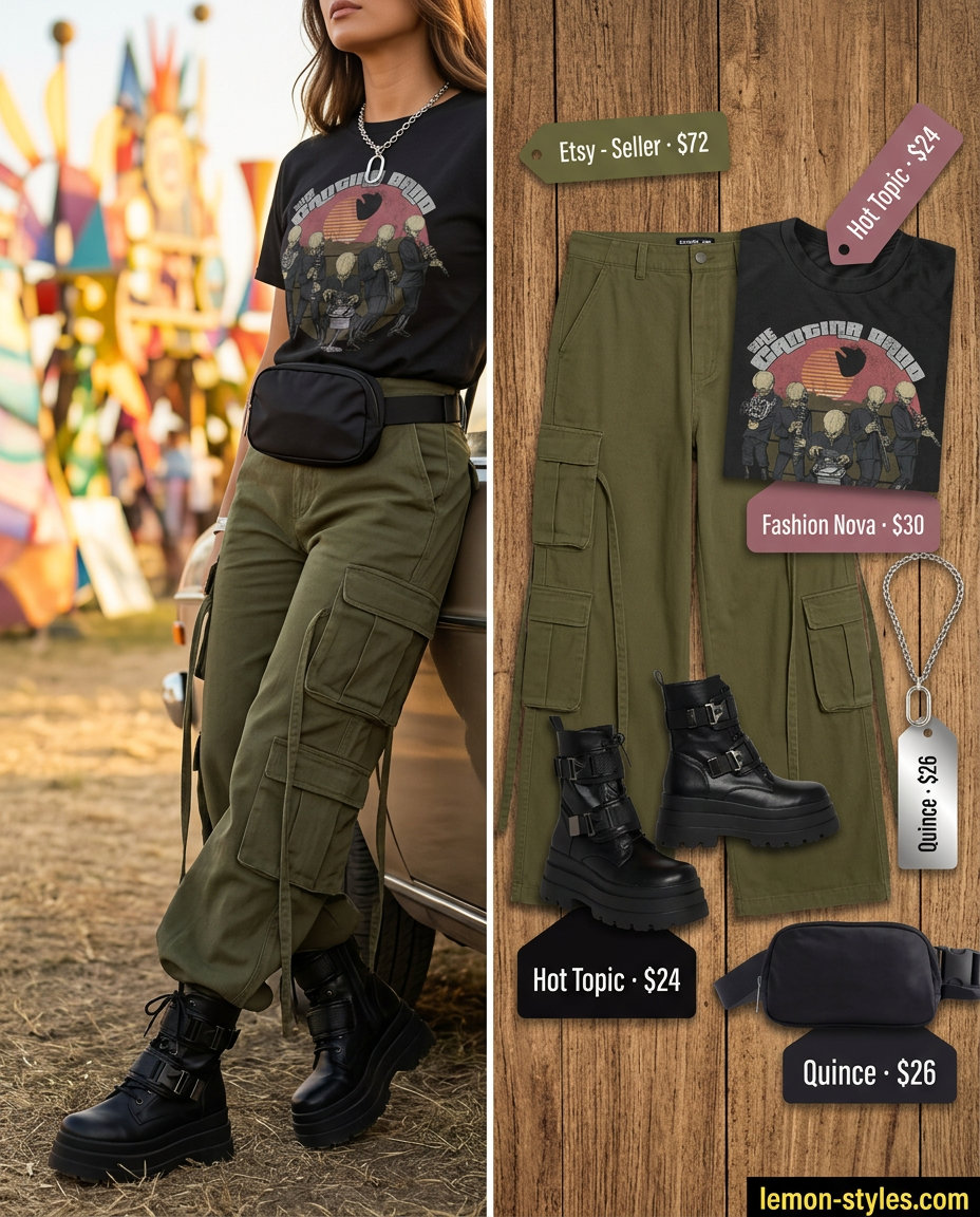 Urban Explorer Boots 2026: Streetwear Cool Urban Explorer Boots: Cargo pants, graphic tee, and chunky boots for summer festival outfits with boots for women 2026.