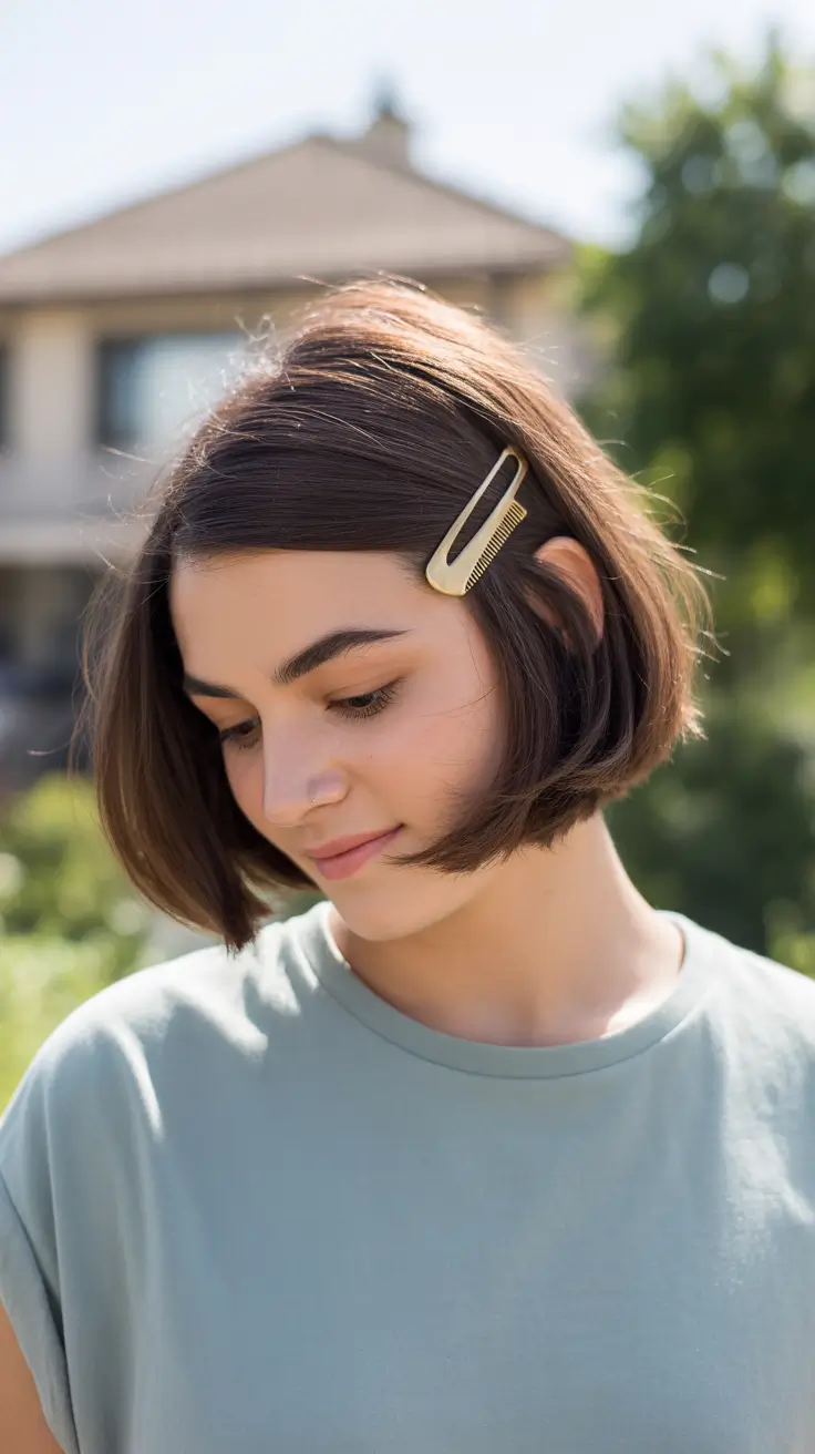 summer haircuts for girls 2026 Short Rounded Bob with Playful Hair Clip Detail