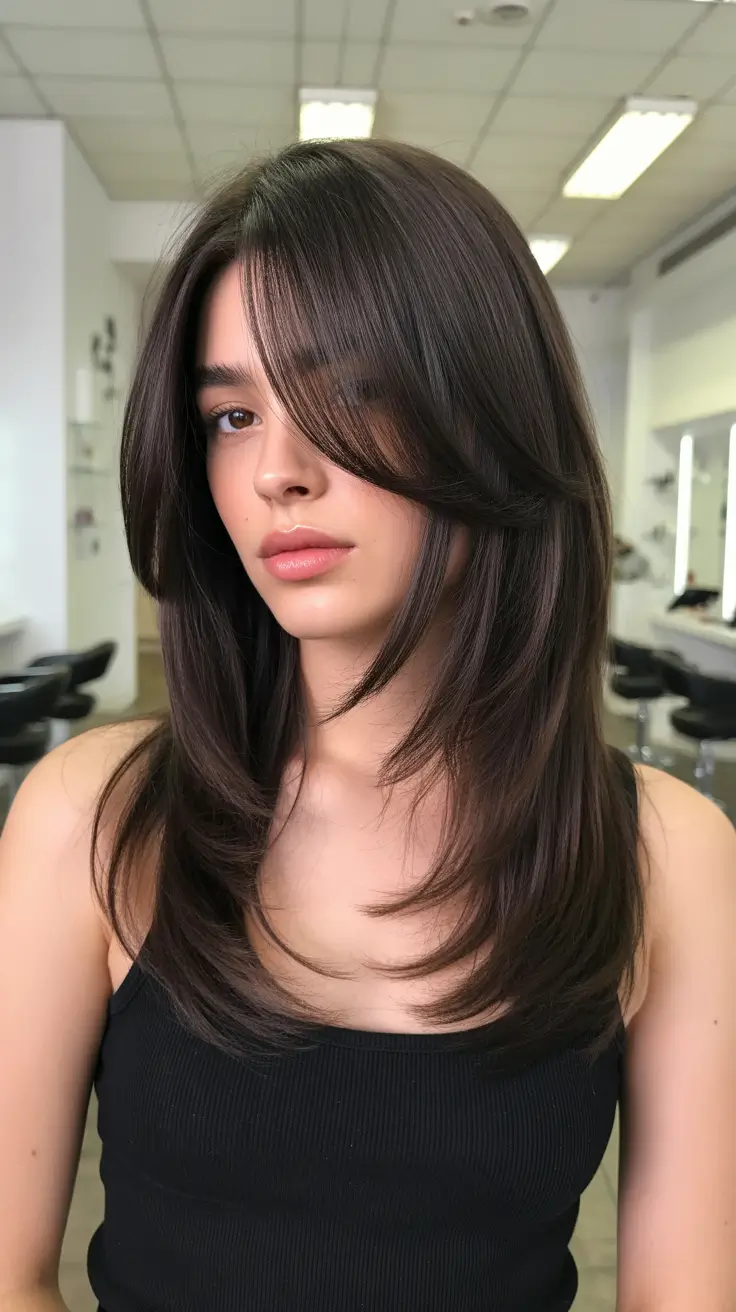 summer haircuts for girls 2026 Long Layered Cut with Face-Framing Curtain Bangs