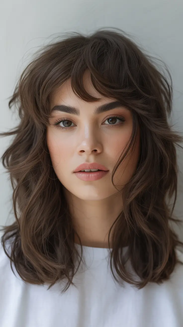 summer haircuts for girls 2026 Medium Shag with Soft Layers and Wispy Bangs