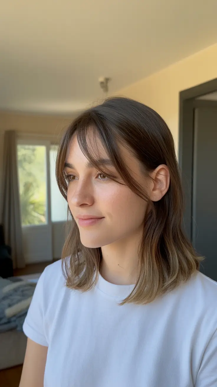 summer haircuts for girls 2026 Airy Lob with Wispy Curtain Bangs