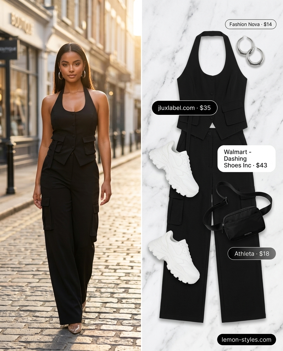 Black halter crop top and cargo pants set with sneakers for edgy summer outfits for women 2026. City exploration.