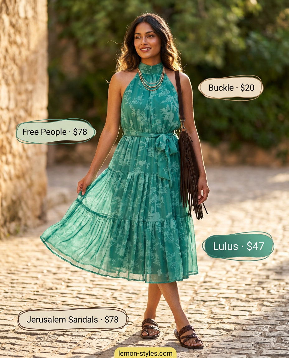 Boho summer halter neck dress outfit 2026 with smocked waist, floral print, and leather sandals for a day out.
