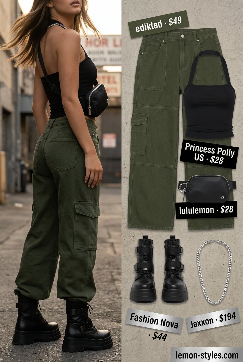 Edgy urban outfit featuring a black halter crop top, olive green cargo pants, and combat boots.