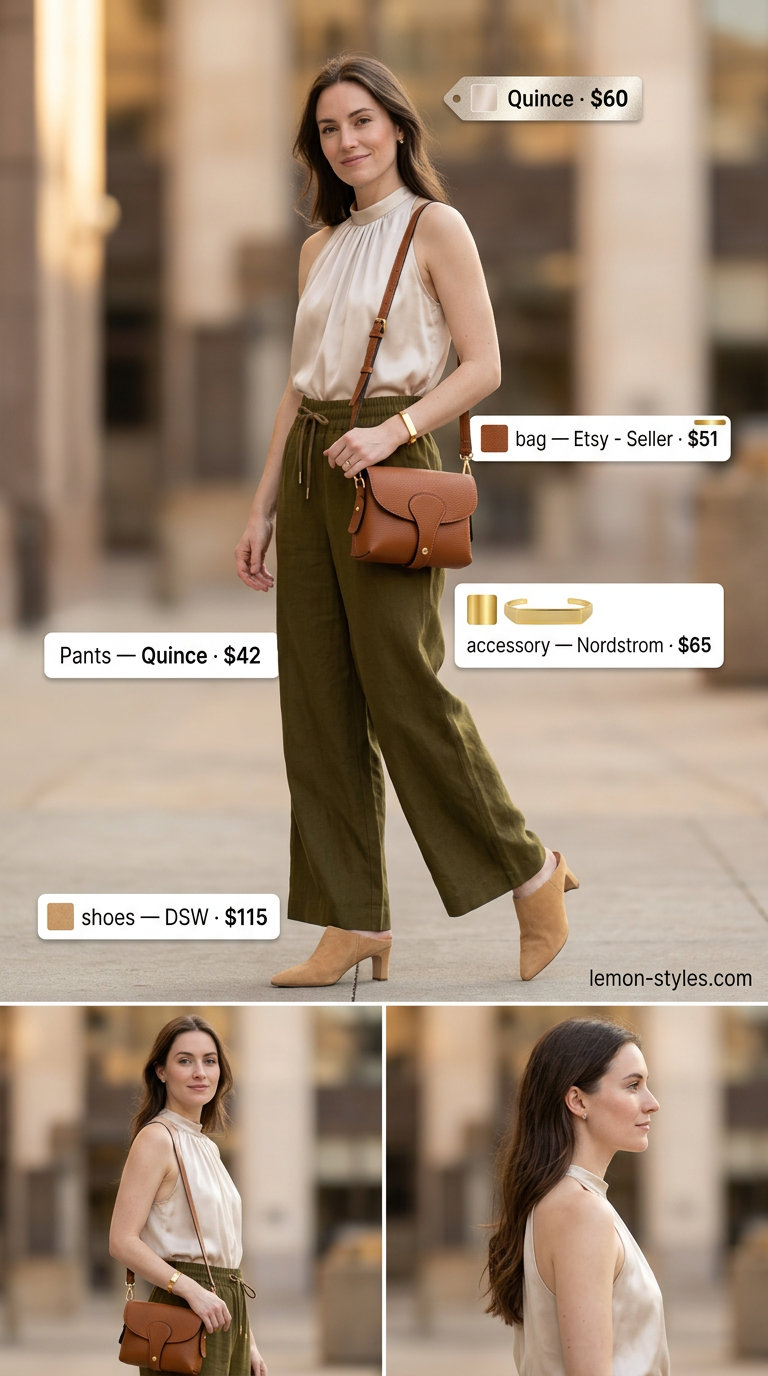 Chic summer halter neck outfit 2026: cream top, olive linen pants, heeled mules, and structured bag for smart casual.