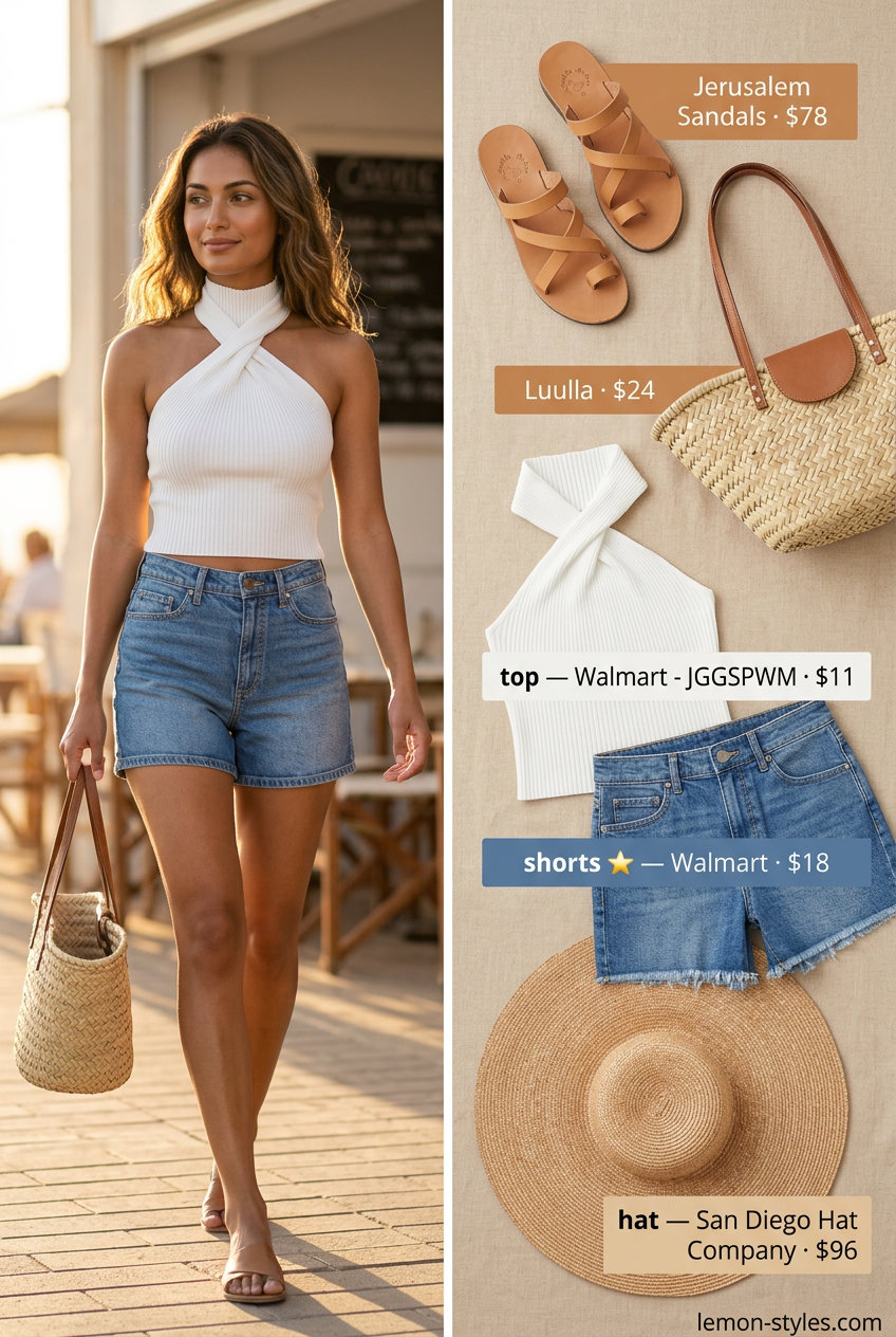 Coastal summer halter neck outfit 2026: white ribbed top, denim shorts, straw hat, and leather slides for beach day.
