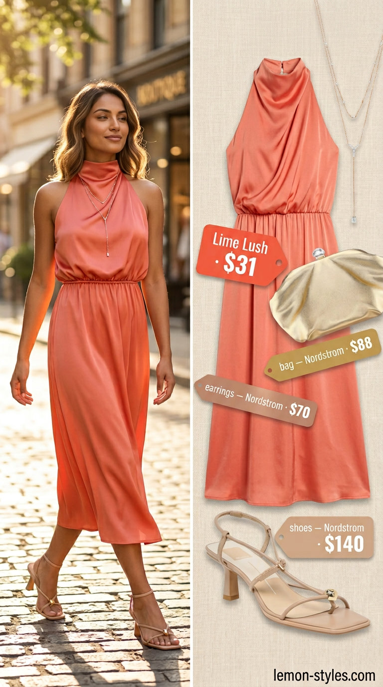 Coral satin halter neck midi dress for summer evening dinners, paired with nude heels and gold jewelry.