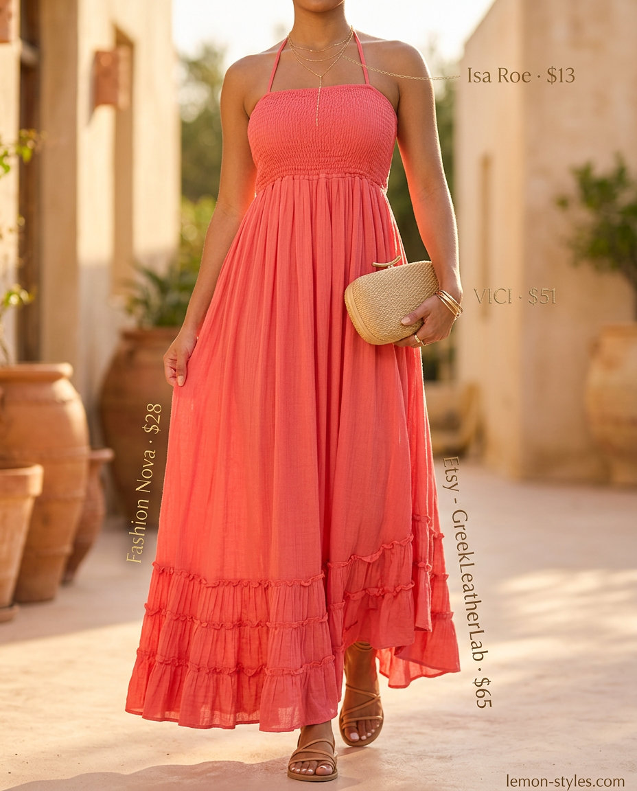 Vibrant coral summer halter neck maxi dress outfit 2026 with flat sandals and straw clutch for evening.