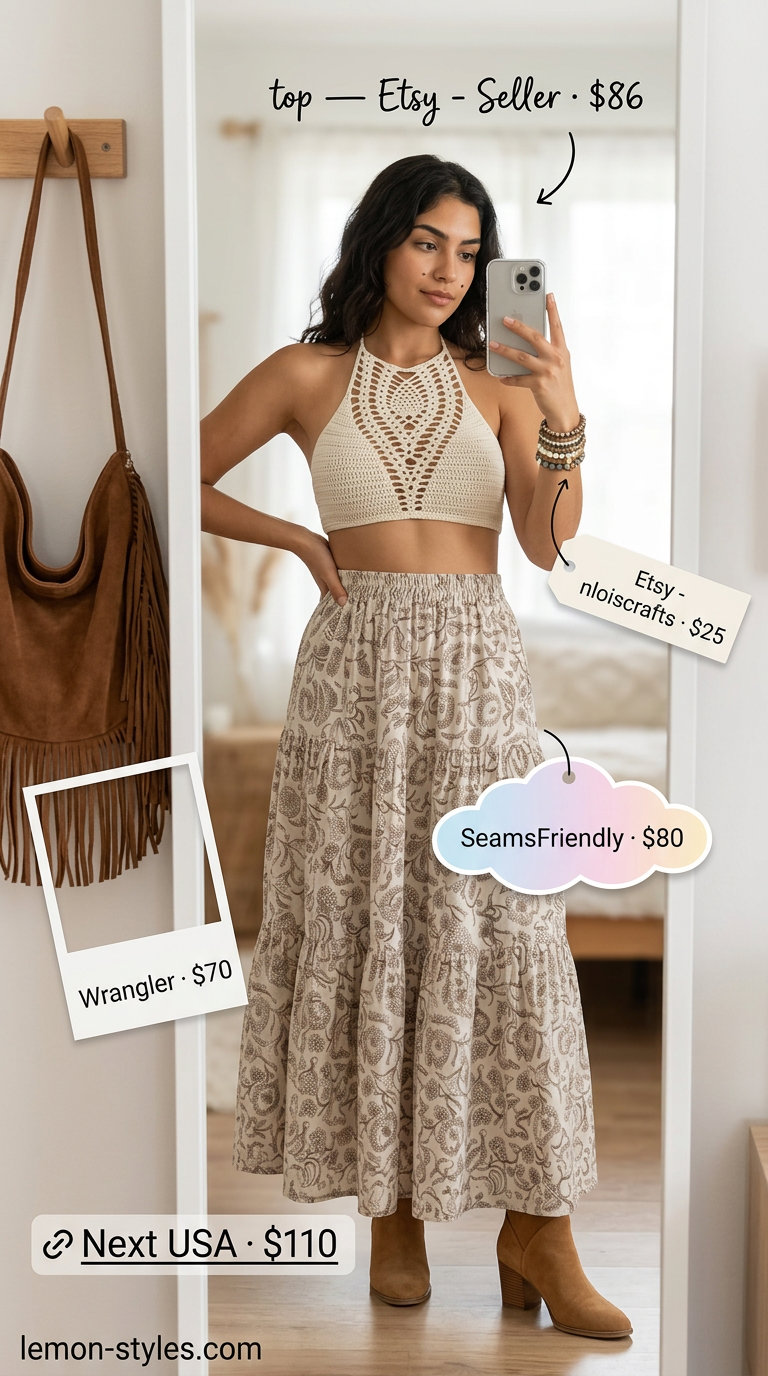 Boho festival look with a cream crochet halter top, tiered maxi skirt, and suede ankle boots.