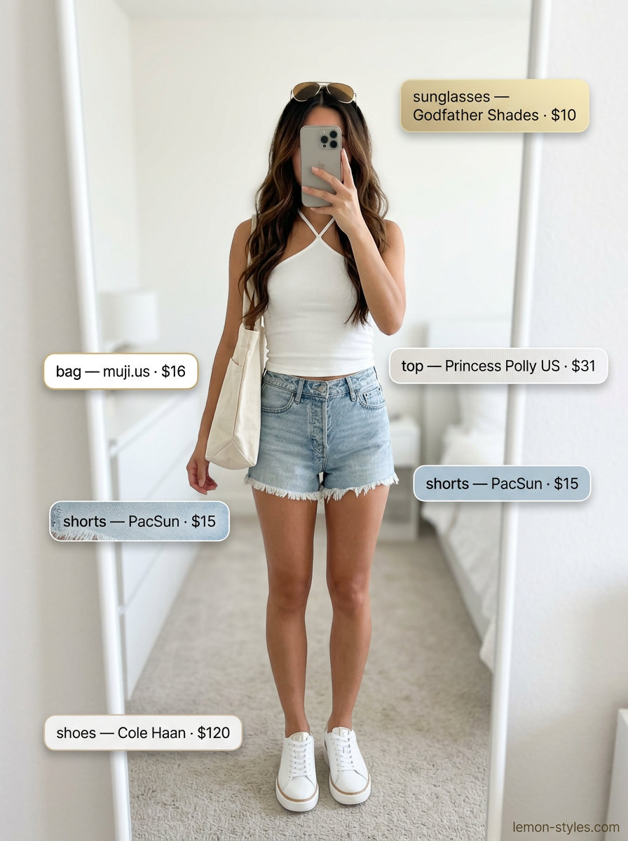 Casual weekend look with a white halter crop top, frayed denim shorts, and white sneakers.