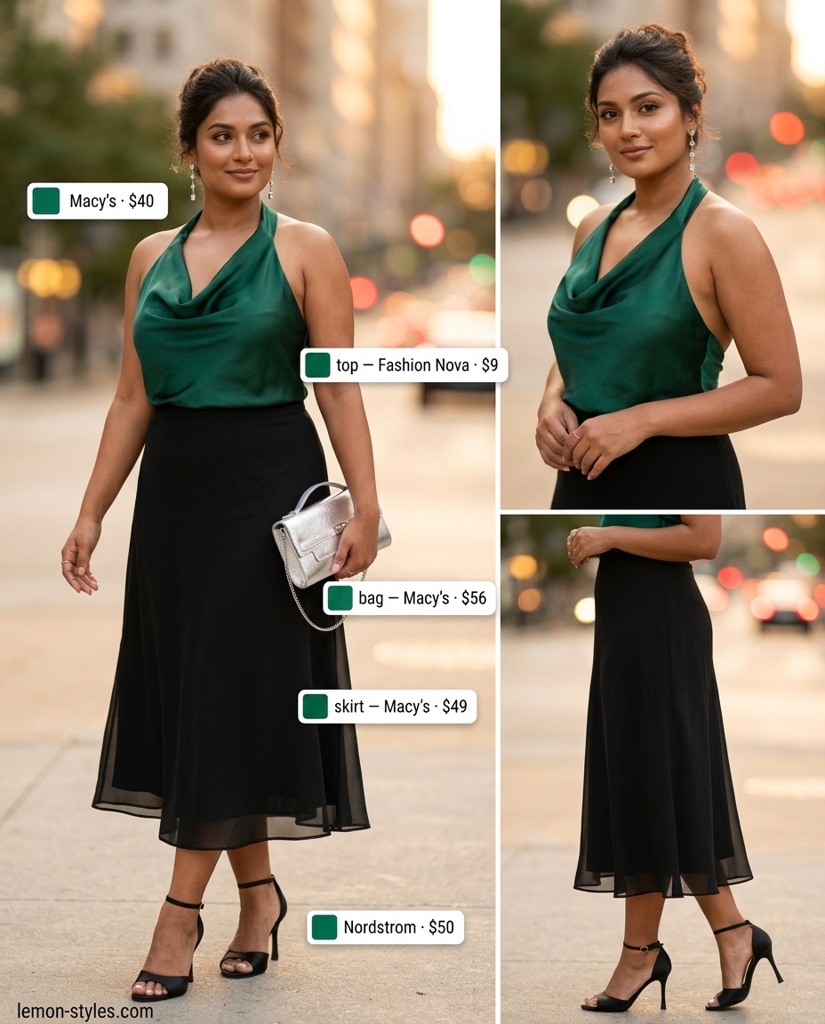 Emerald green satin halter top with black chiffon skirt for elegant summer outfits for women 2026. Evening event style.