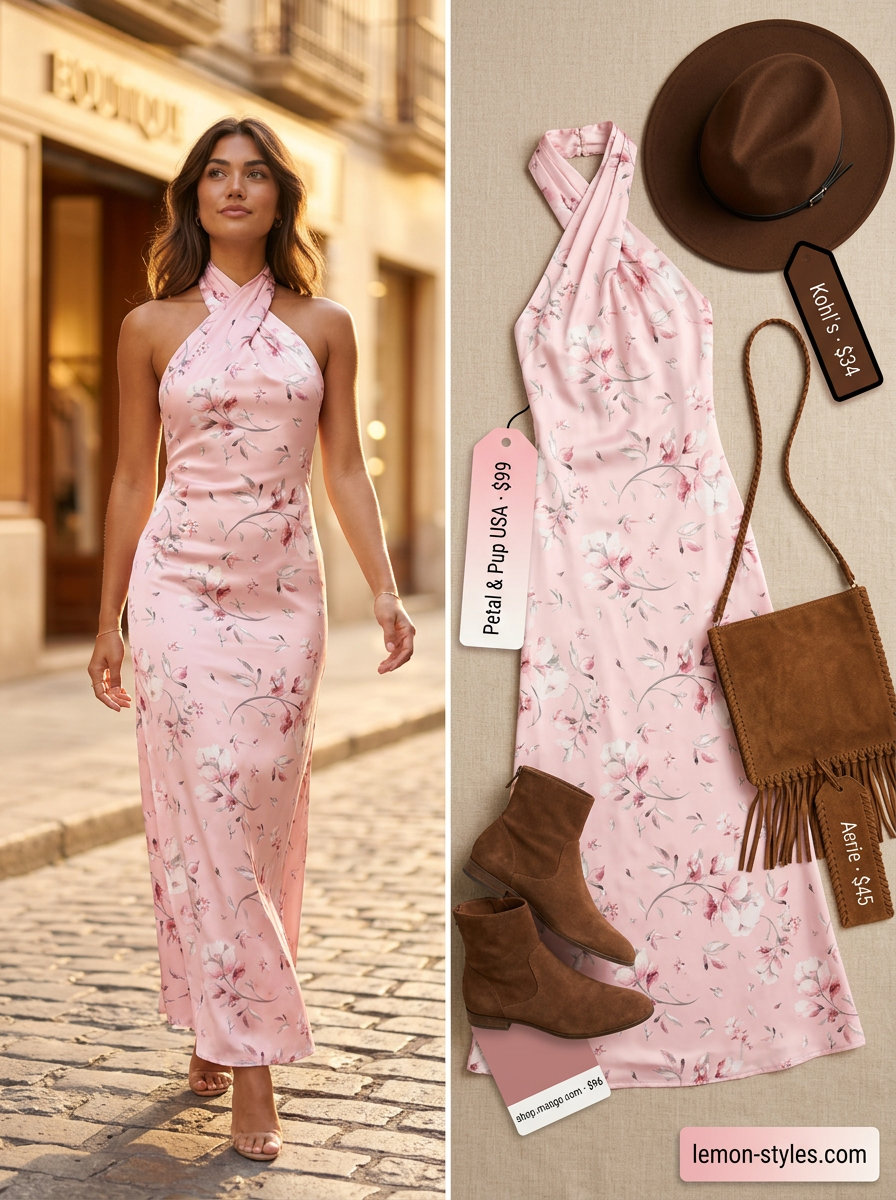 Bohemian halter maxi dress in a floral print, styled with suede boots and a fringed crossbody bag.