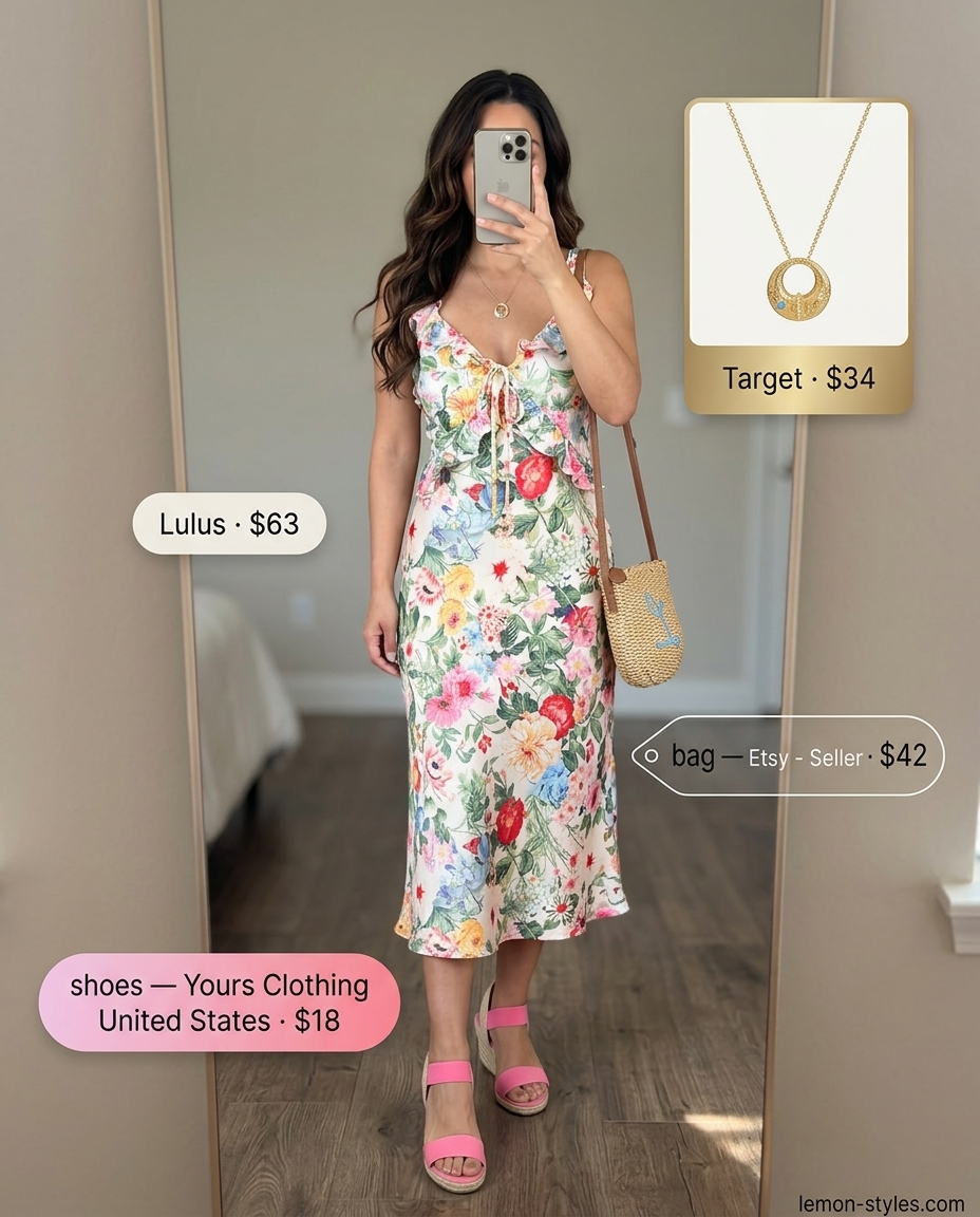 Garden party summer halter neck dress outfit 2026 with espadrilles and straw bag for daytime events.