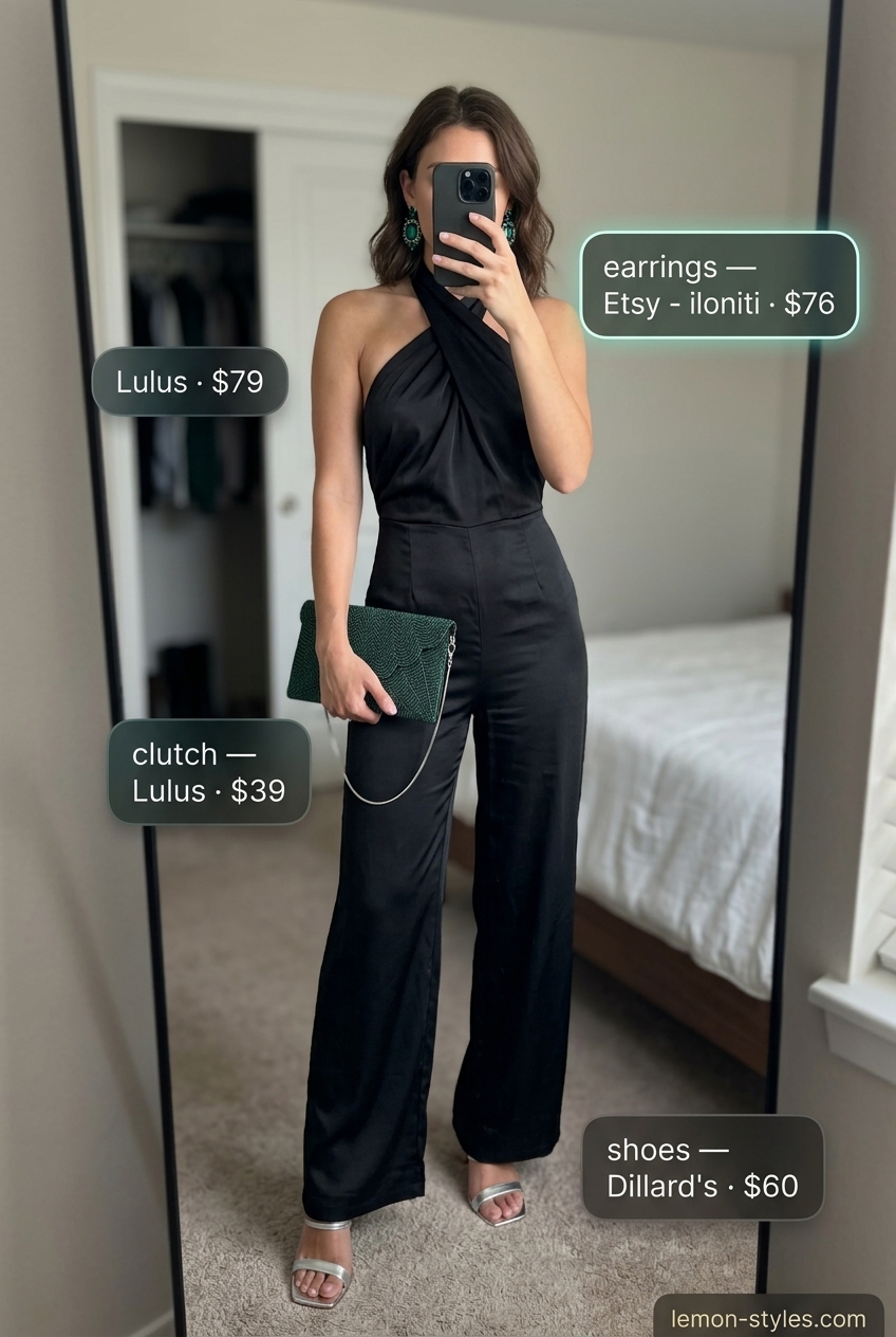 Glamorous black halter neck jumpsuit outfit 2026 with silver heels and statement earrings for evening events.