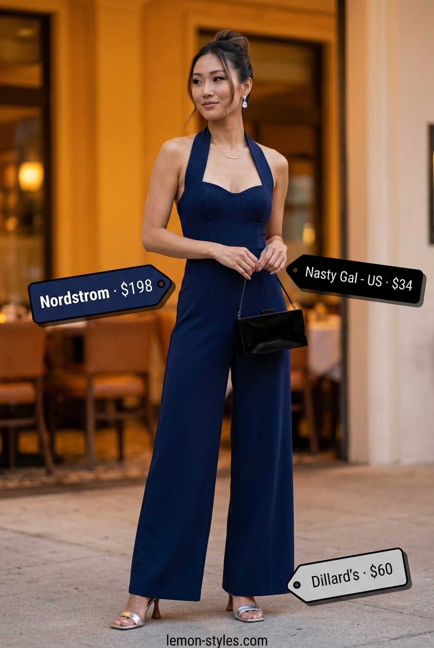 Elegant navy halter neck jumpsuit outfit 2026 with silver heels and clutch for evening events.