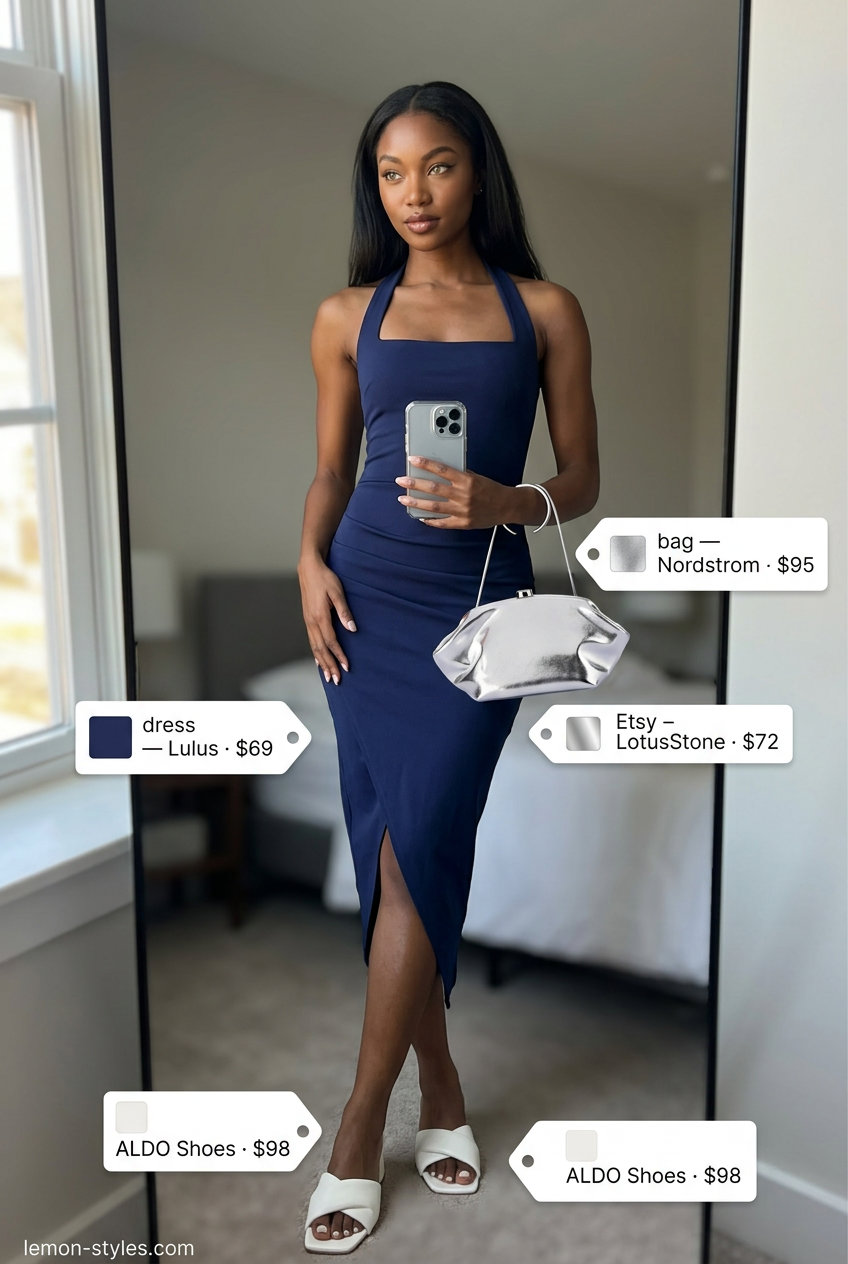 Navy blue halter neck midi dress with white mules for minimalist summer outfits for women 2026. Elegant dinner style.