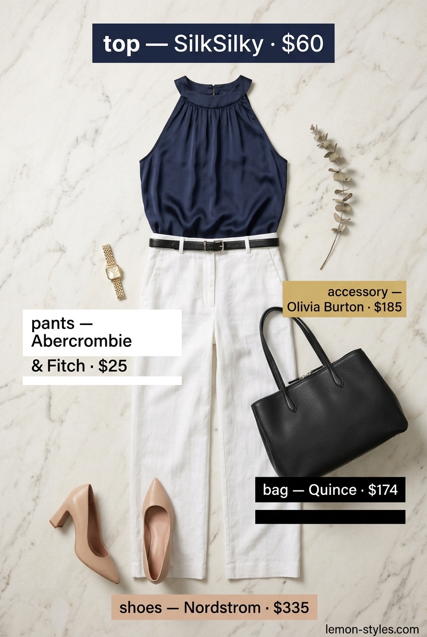 Navy blue silk halter camisole with white wide-leg trousers for elegant summer outfits for women 2026. Business casual.