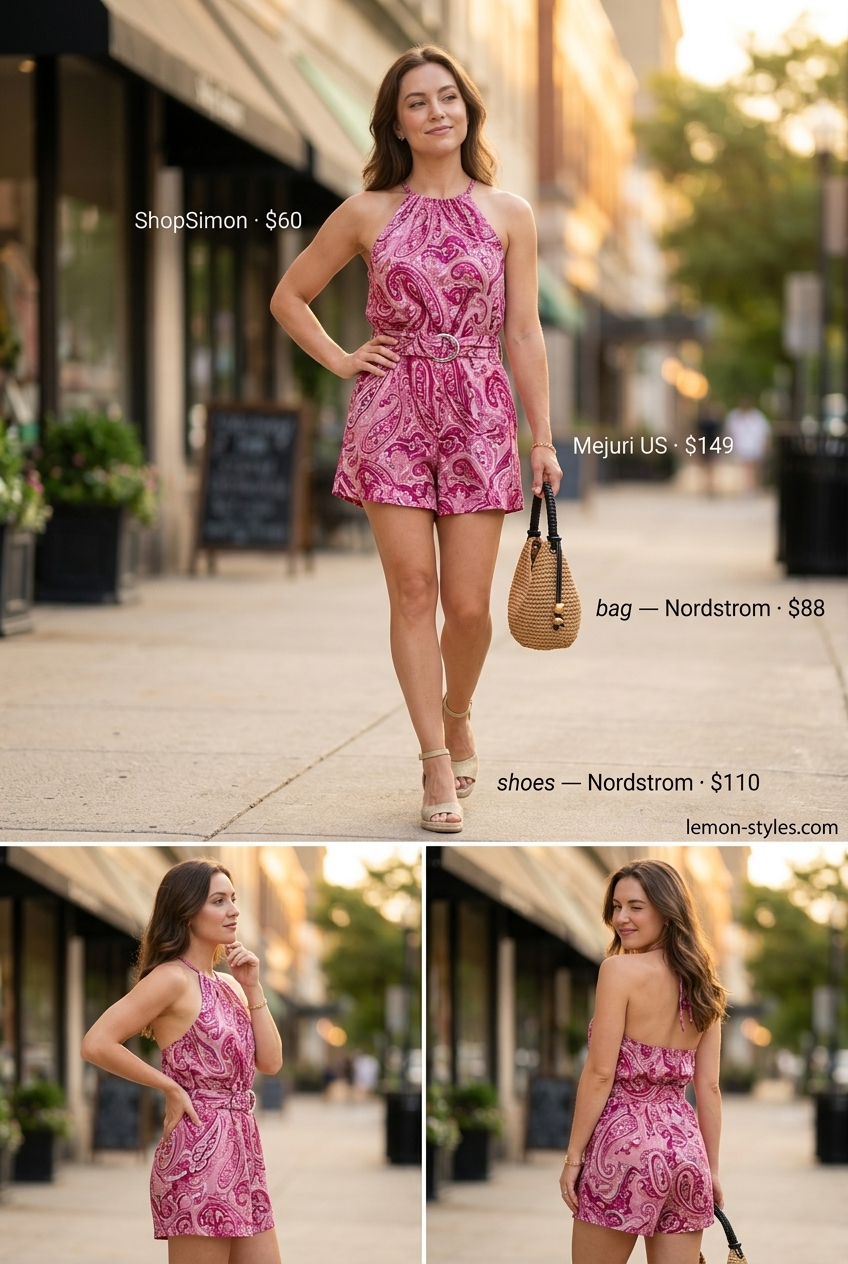 Pink floral halter romper with espadrilles for playful summer outfits for women 2026. Casual day out style.