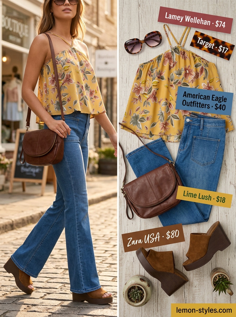 Mustard yellow halter blouse with wide-leg jeans for retro summer outfits for women 2026. Weekend casual style.