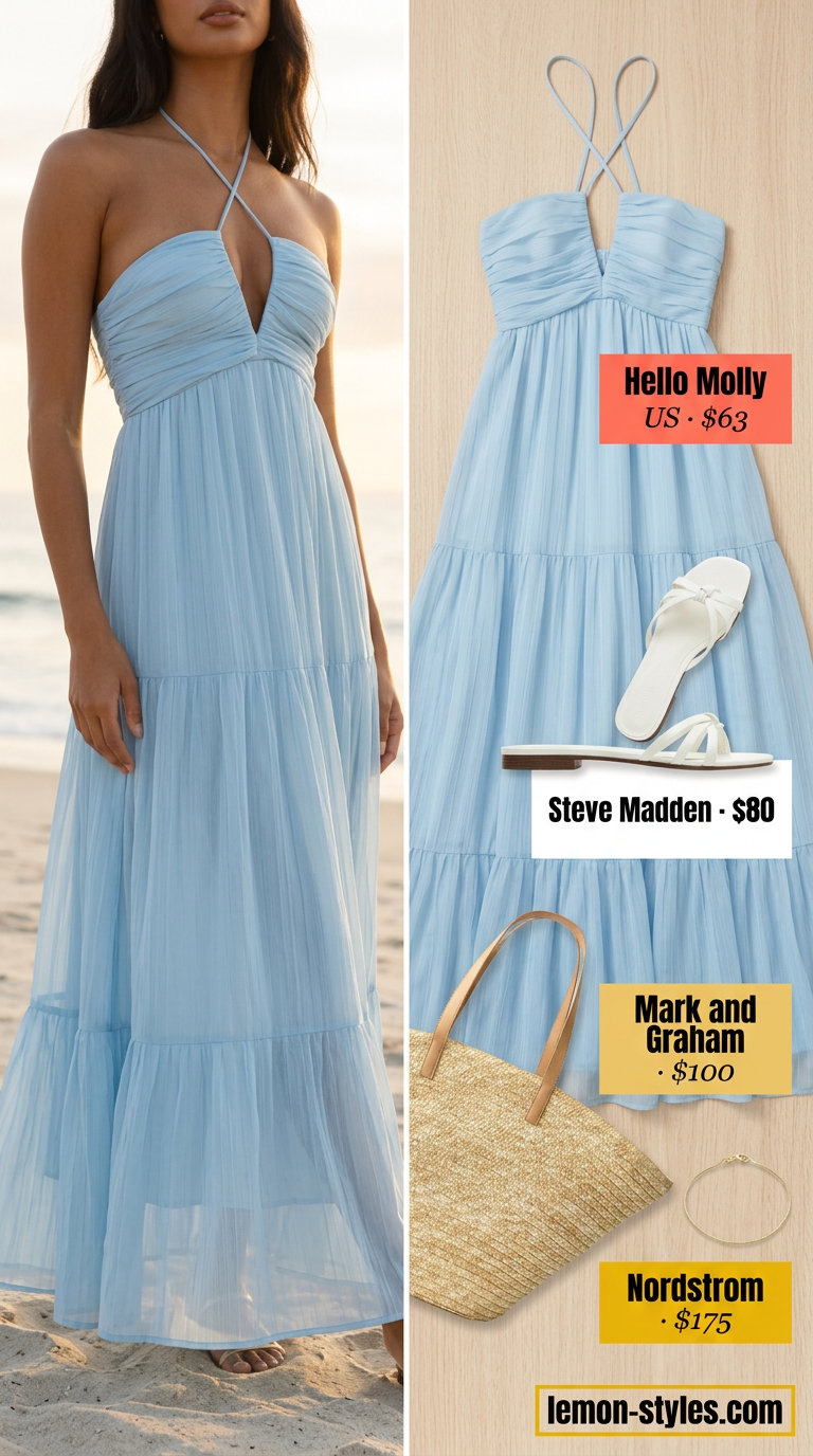 Sky blue halter neck maxi dress with straw tote for relaxed summer outfits for women 2026. Beach vacation style.