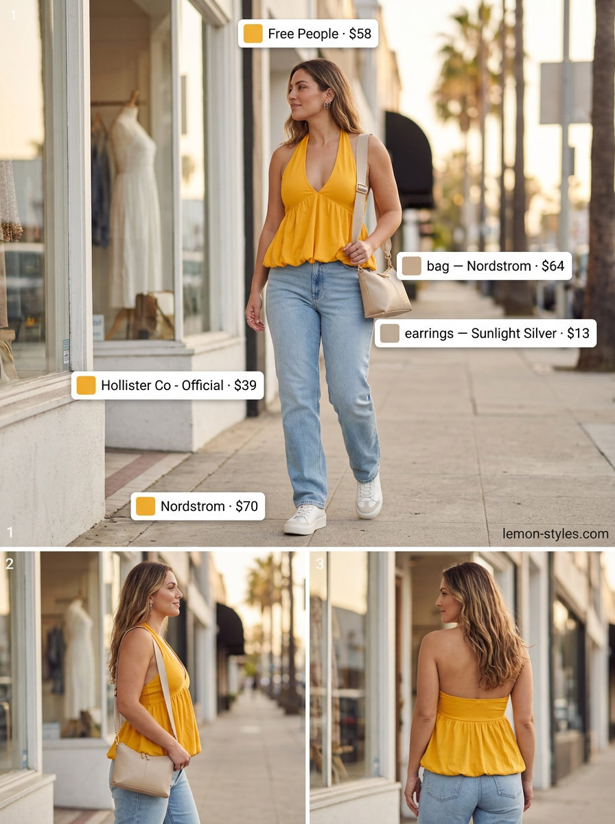 Casual cool outfit with a mustard yellow halter t-shirt, light wash jeans, and white sneakers.