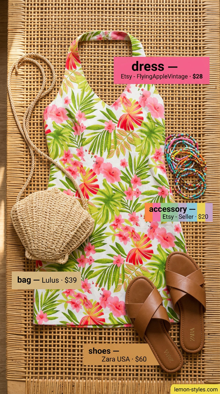 Green and pink tropical print halter mini dress with flat sandals for fun summer outfits for women 2026. Vacation style.