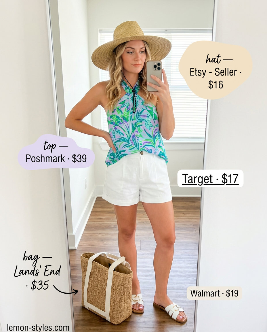 Tropical vacation outfit with a bold print halter top, white linen shorts, straw hat, and sandals.