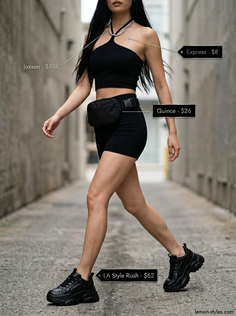 Urban summer halter neck outfit 2026: black crop top, khaki cargo pants, platform sneakers, and utility belt bag.