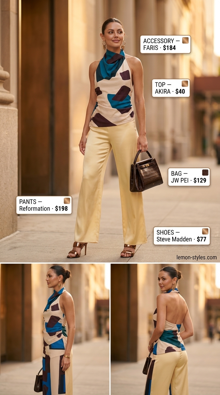Artsy summer halter top with wide pants outfits for women 2026: teal print halter, mustard pants, bronze mules, crossbody bag.