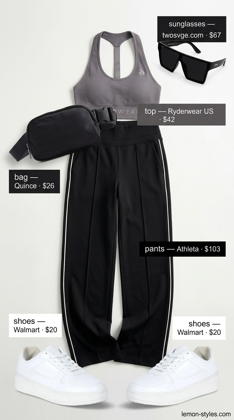 Athleisure summer halter top with wide pants outfits for women 2026: charcoal grey halter top, grey track pants, white sneakers, black belt bag.