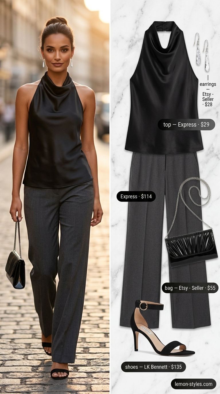 Evening summer halter top with wide pants outfits for women 2026: black halter top, charcoal wide pants, silver earrings, stiletto sandals.