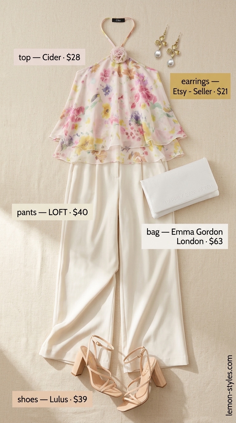 Garden brunch summer halter top with wide pants outfits for women 2026: blush floral halter, ivory wide pants, nude heels, pearl earrings.
