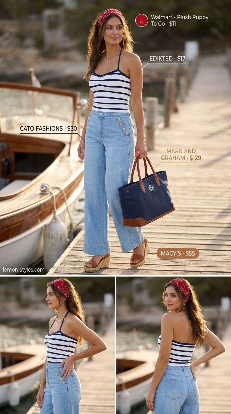 Nautical summer halter top with wide pants outfits for women 2026: striped halter, light wash wide jeans, tan espadrilles, navy tote.