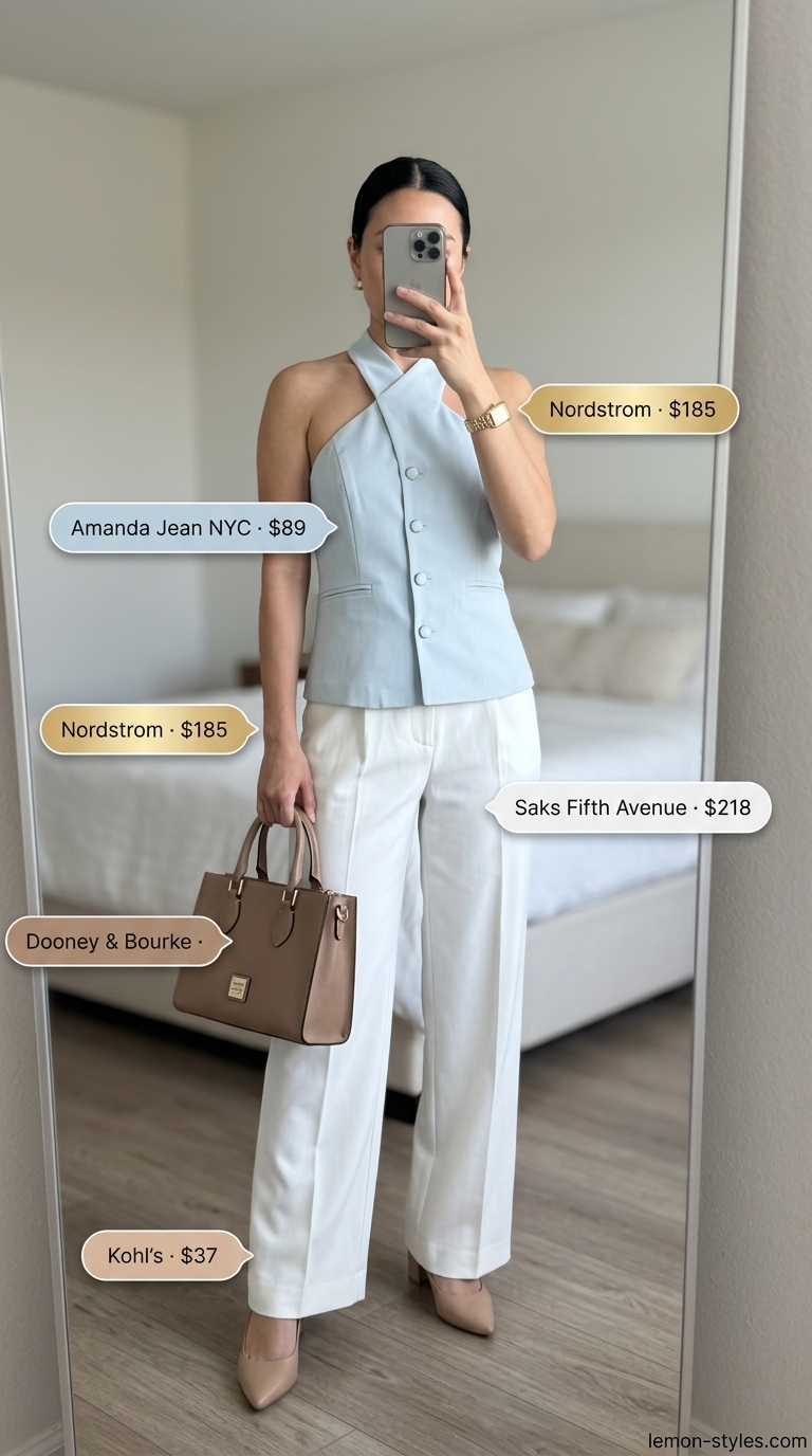Office summer halter top with wide pants outfits for women 2026: powder blue vest top, white wide pants, nude heels, tan tote.